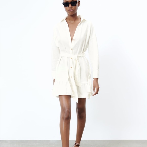 chinese dress ladies Zara Linen Blend Shirt Dress Ecru Yellow